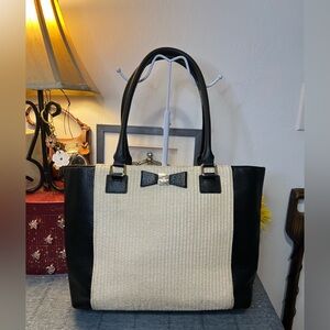 Kate Spade Black Leather & Cream Straw Woven Tote Shoulder Bag w Bow
